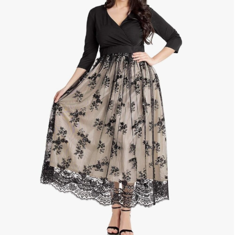 GRAPENT Women's Plus Size Sequin 3/4 Sleeves Evening Gown Party Long Maxi Dress